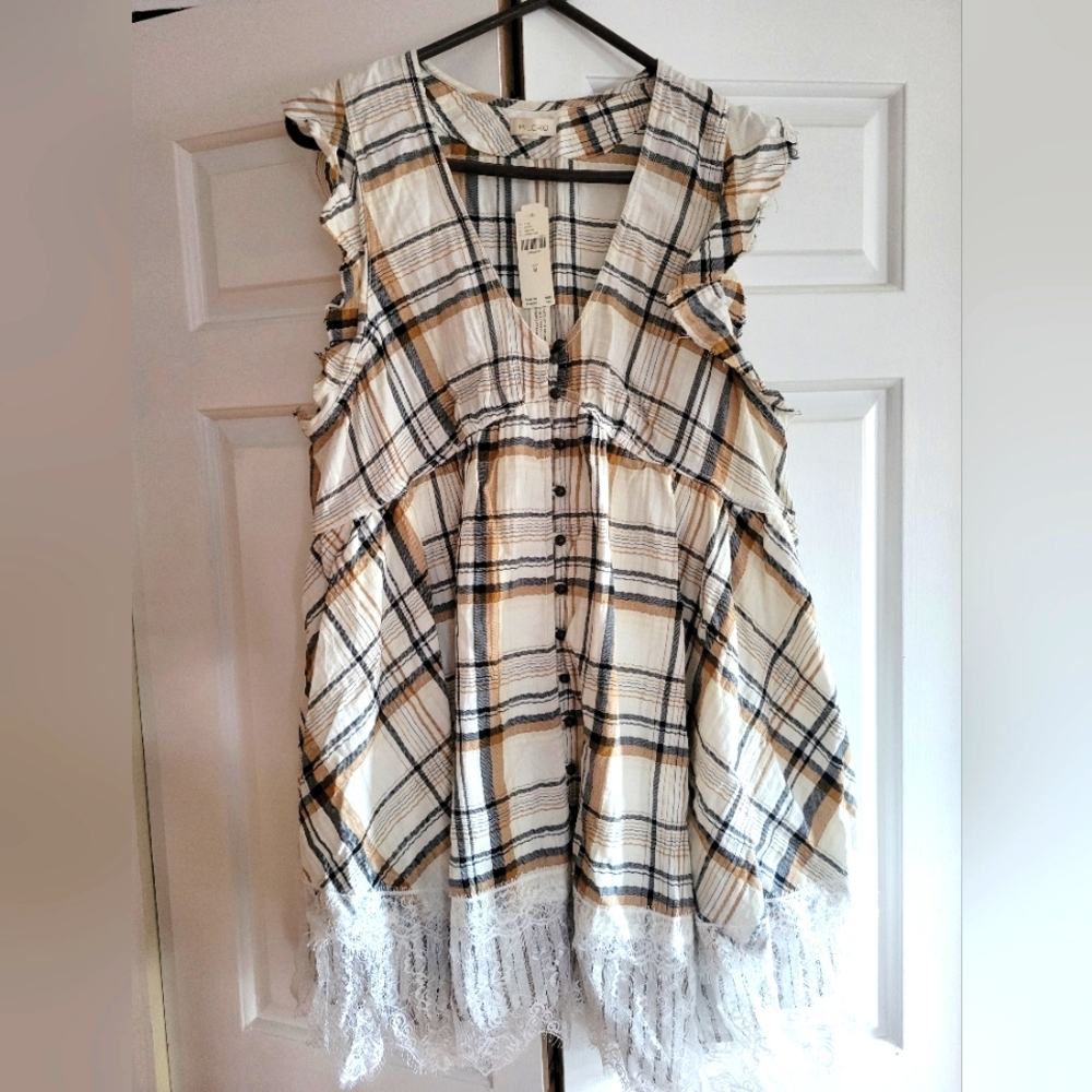 Plaid Ruffle Dress with Lace Trim